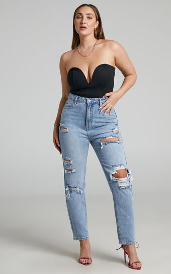 Billie Jeans - High Waisted Cotton Distressed Mom Denim Jeans in Mid Blue Wash