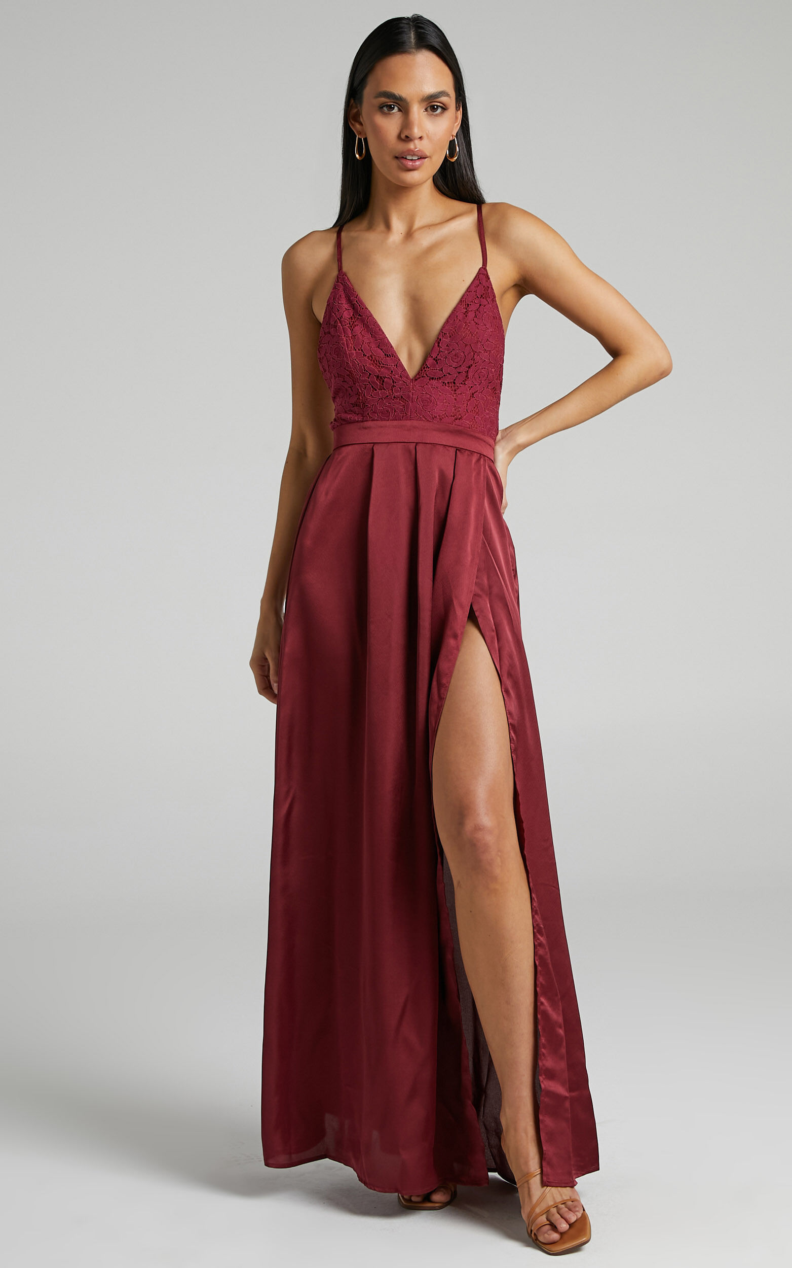 Inspired Tribe Plunge Neckline Thigh Split Maxi Dress in Wine | Showpo USA
