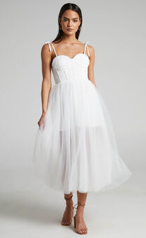 Aisha Midi Dress - Bustier Bodice Tulle Dress in White