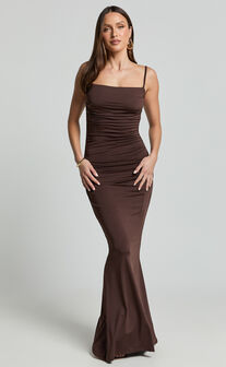 Imogen Maxi Dress - Strappy Ruched Slip Dress in Chocolate