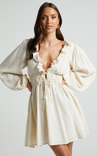 Ellebeth Mini Dress - Plunge Neck Tie Front Dress in Oat