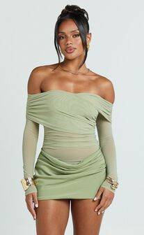 Jade Mini Dress - Long Sleeve Off Shoulder Draped Bias Cut Dress in Sage