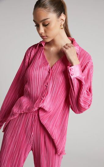 Beca Shirt - Plisse Button Up Shirt in Pink