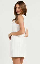 Neri Mini Dress - High Neck Button Through Stripe Dress in White Stripe ...