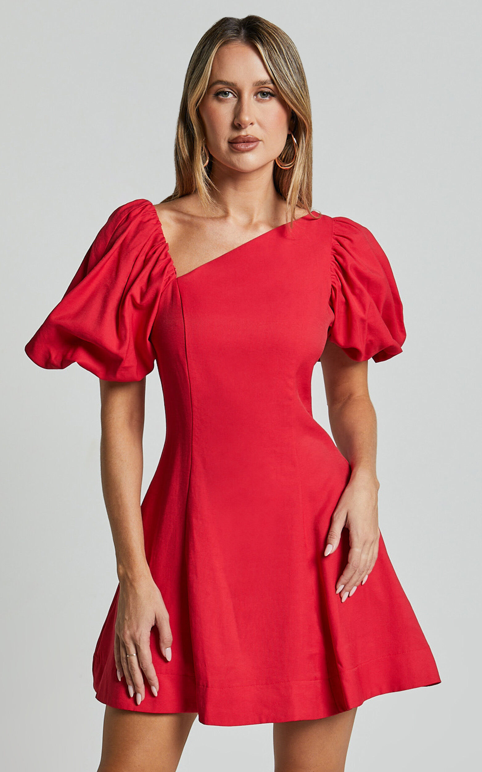 Harlow Mini Dress - Asymmetric Puff Sleeve Flare Dress in Red - 06, RED1