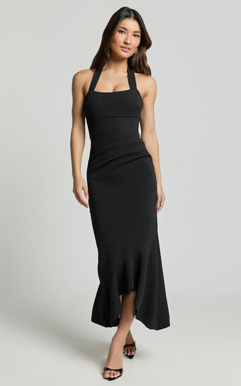 Maris Maxi Dress - Full Length Halter Tie Neck Dress in Black