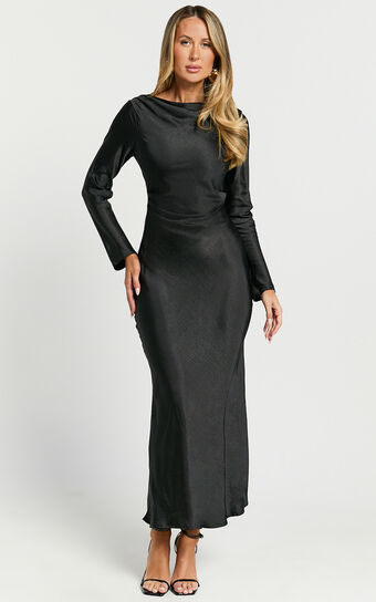 Arriana Midi Dress - Long Sleeve Cowl Back Satin Dress in Black