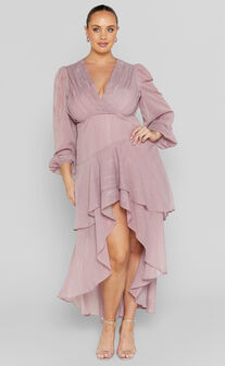 Claudita Midi Dress - Long Sleeve High Low Hem Dress in Dusty Rose