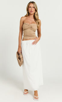 Jelena Top - Jersey Strapless Twist Front Top in Tan
