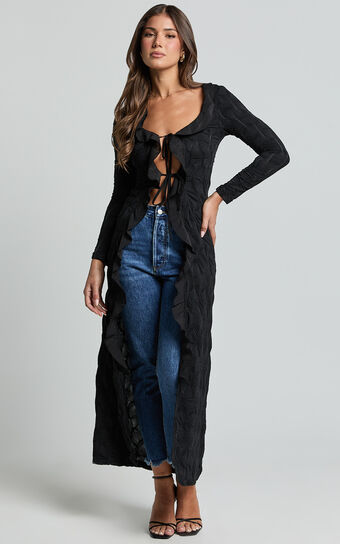 Claudia Longline Top - Ruffle Tie Front Long Sleeve Top in Black