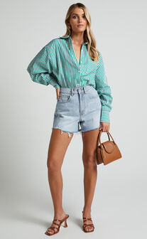Jaycey Shirt - Long Sleeve Pocket Detail Shirt in Green Stripe