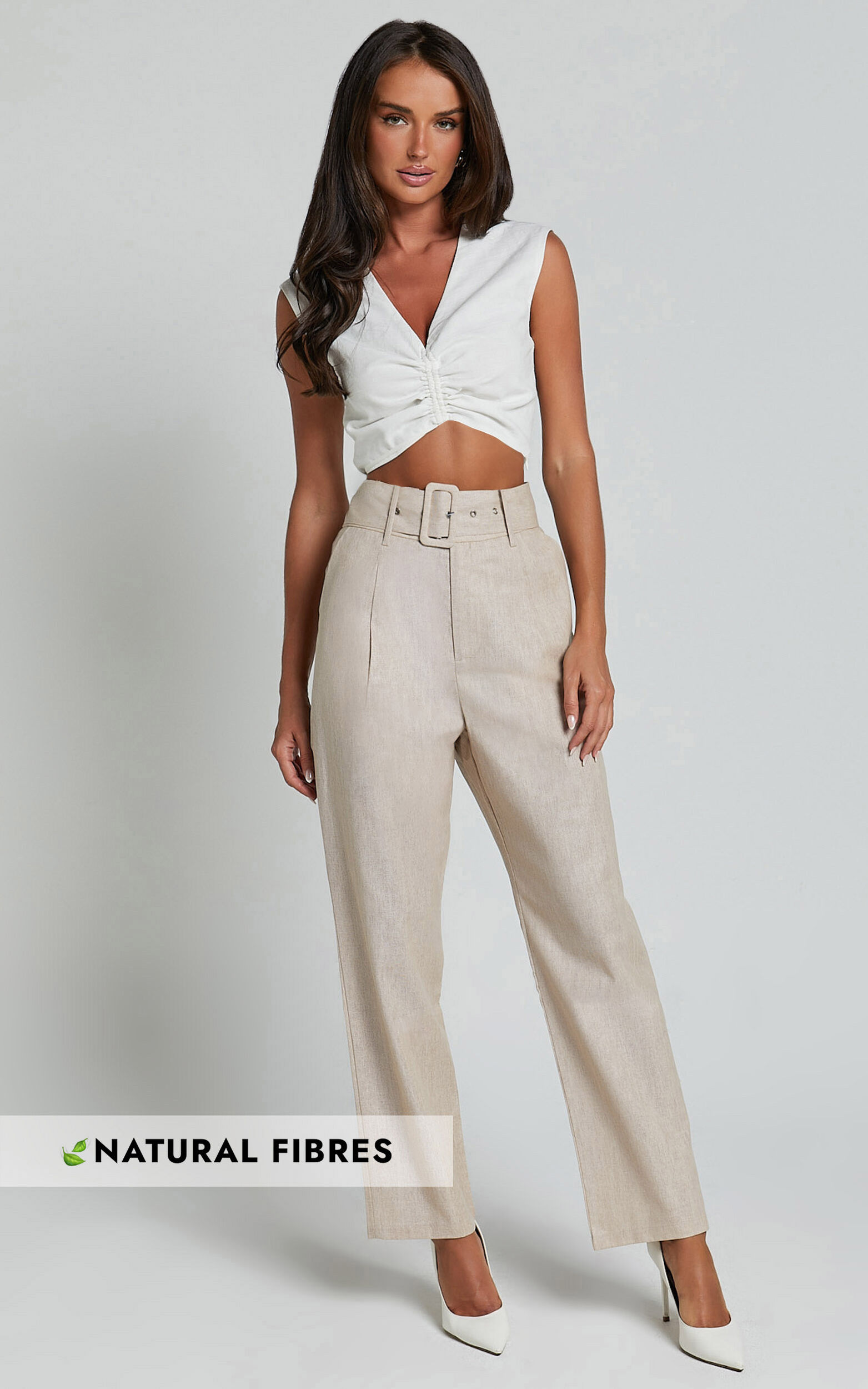 Rhea Pants - Linen Belted Straight Leg Pants in Natural - 06, NEU1