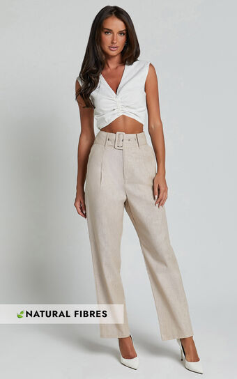 Rhea Pants - Linen Belted Straight Leg Pants in Natural
