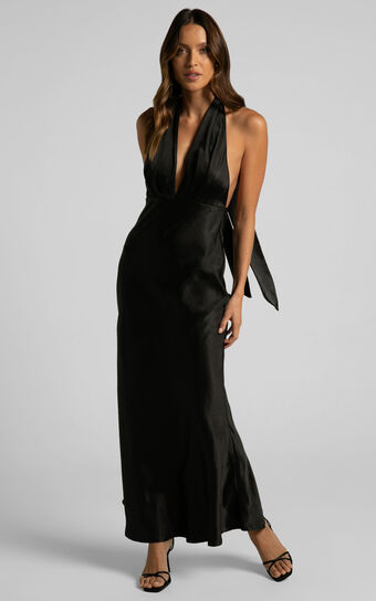 Aiyana Midi Dress - Halter Neck Satin Dress in Black No Brand
