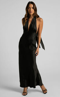 Aiyana Midi Dress - Halter Neck Satin Dress in Black
