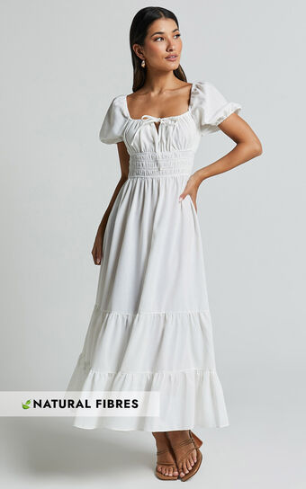 Claritza Midi Dress - Linen Look Short Puff Sleeve Square Neck Tiered Dress in White Showpo