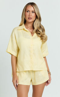 Ramona Top - Linen Short Sleeve Shirt in Lemon