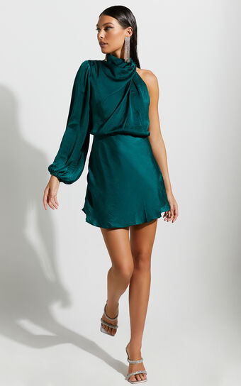 Ingelise Mini Dress - One Shoulder Long Sleeve Dress in Emerald