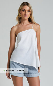 Amalie The Label - Charmonique Linen Asymmetric One Shoulder Cami Linen Top in White