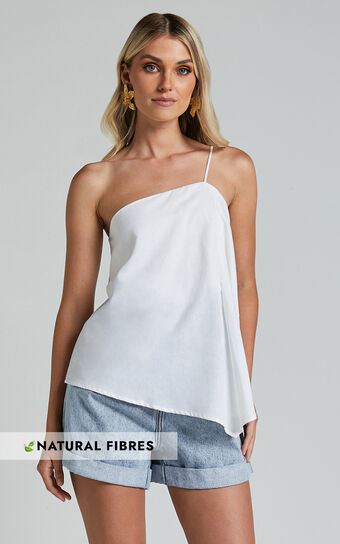 Amalie The Label - Charmonique Linen Asymmetric One Shoulder Cami Linen Top in White