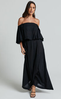 Amalie The Label - Juletta Linen Blend Flutter Sleeve Top and Midi Skirt Two Piece Set in Black