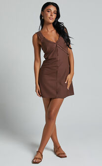 Lauryn Mini Dress - Linen Look V Neck A Line Dress in Chocolate