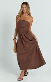 Polly Midi Dress - Strapless Ruched Dress in Chocolate | Showpo EU