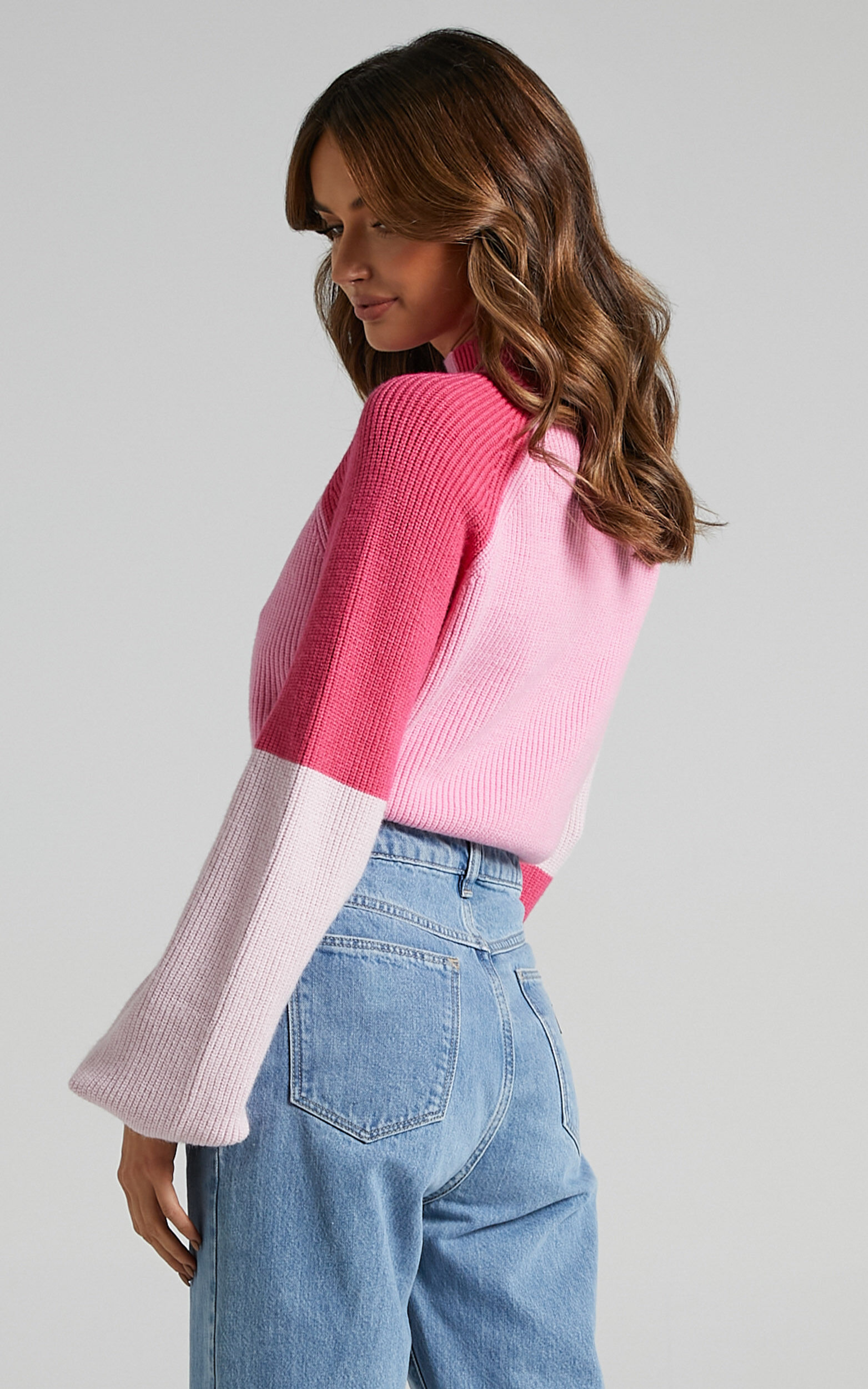 Kensley Jumper Colour Block Turtleneck Balloon Sleeve Knit Jumper in Pink Showpo USA