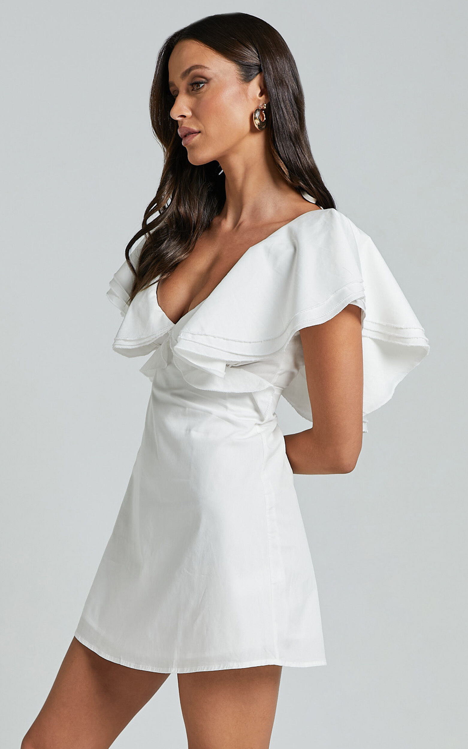Mitchelle Mini Dress Plunge Neck Cotton Babydoll Dress in White