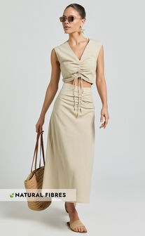 Devan Two Piece Set - Ruched Crop Top and A Line Midi Skirt Set in Sand