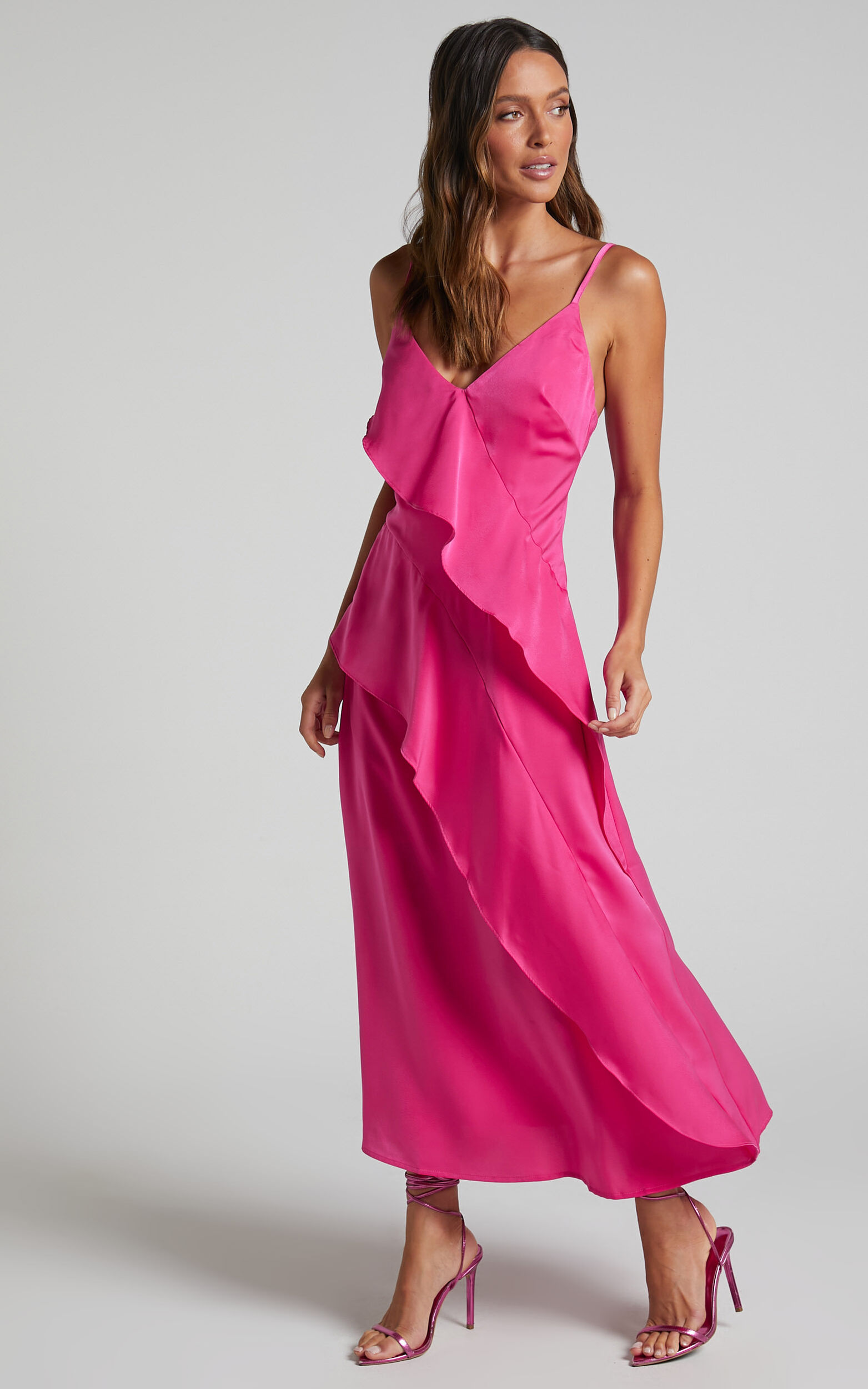 Eileen Midi Dress - V Neck Soft Ruffle Tiered Satin Dress in Hot Pink ...