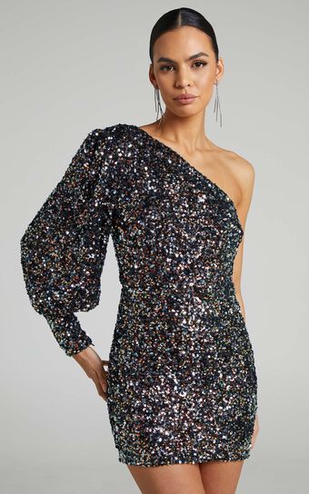 Luecia Mini Dress - Asymmetric One Shoulder Puff Sleeve Dress in Multi sequin