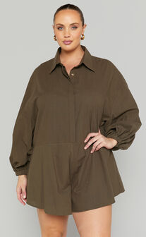 Anka Playsuit - Relaxed Button Front Shirt Playsuit in Khaki