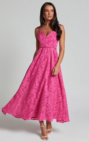 Philine Midi Dress - Plunge Fit and Flare Dress in Pink Showpo