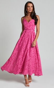 Philine Midi Dress - Plunge Fit and Flare Dress in Pink