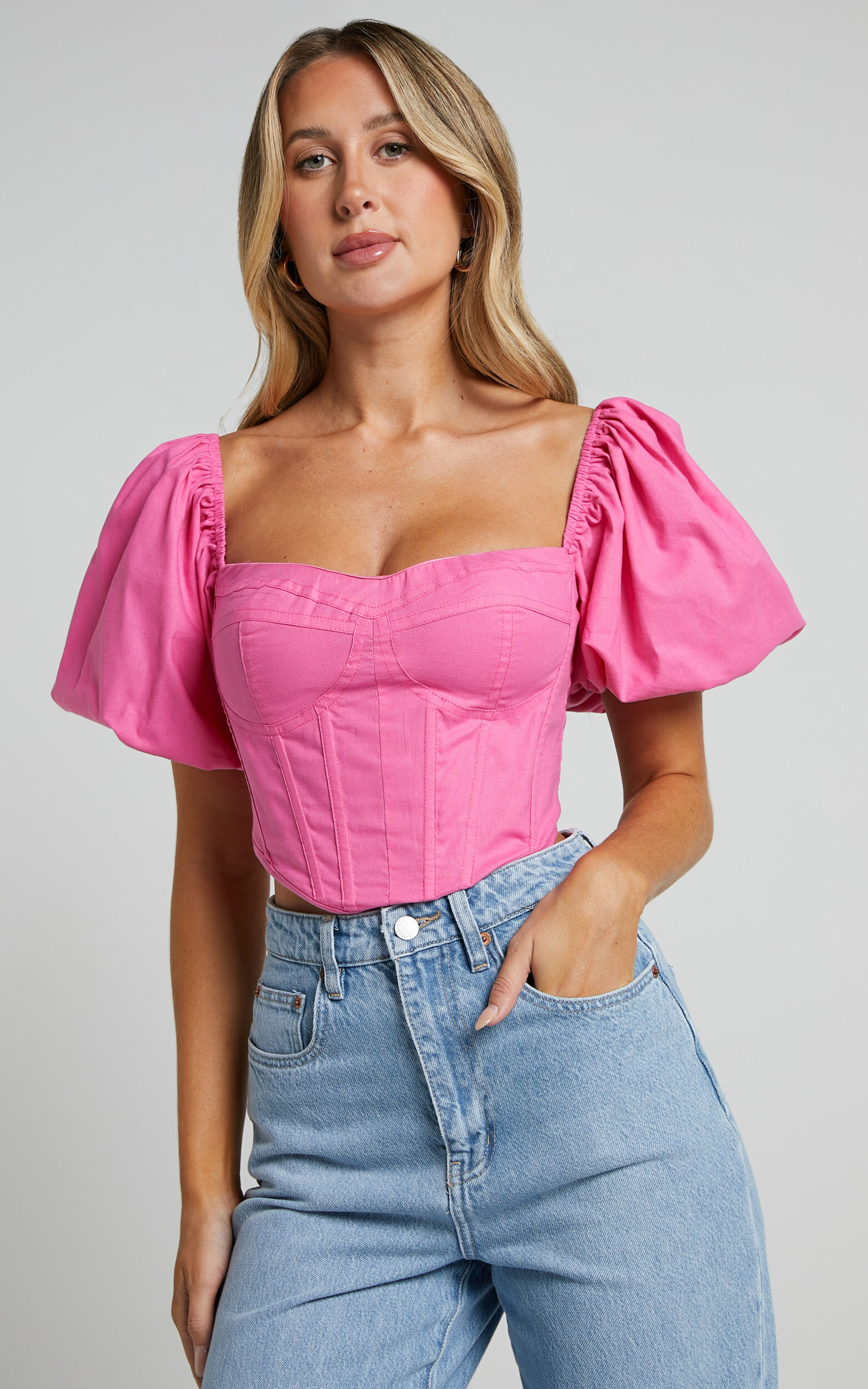 $445 Rozie Corsets Woman Pink Puff-Sleeve Draped Corset Top Size
