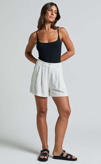 Manon Shorts - Linen Tailored Pinstripe Shorts in White