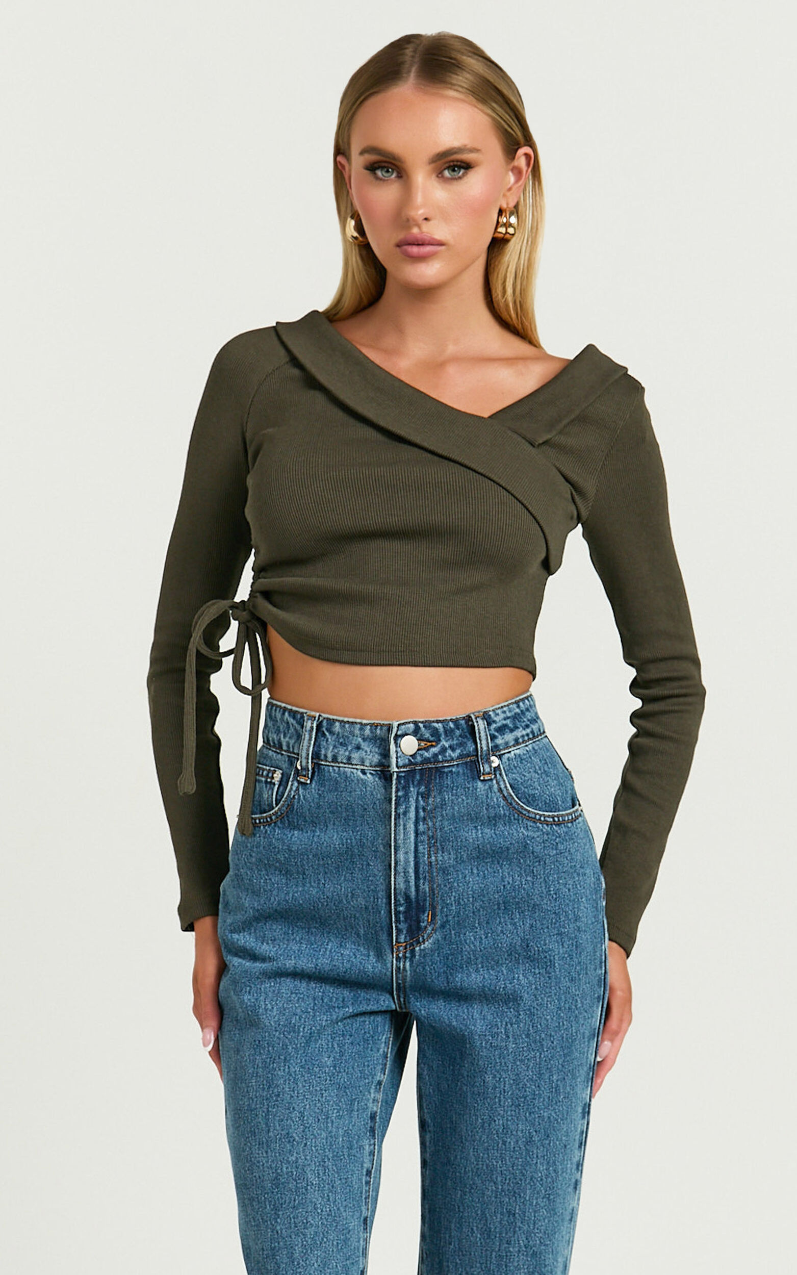 Keisha Top - Asymmetrical Long Sleeve Drawstring Top in Dark Olive - 06, GRN1