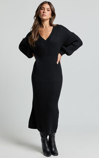 Kartia Midi Dress - V Neck Knit Dress in Black