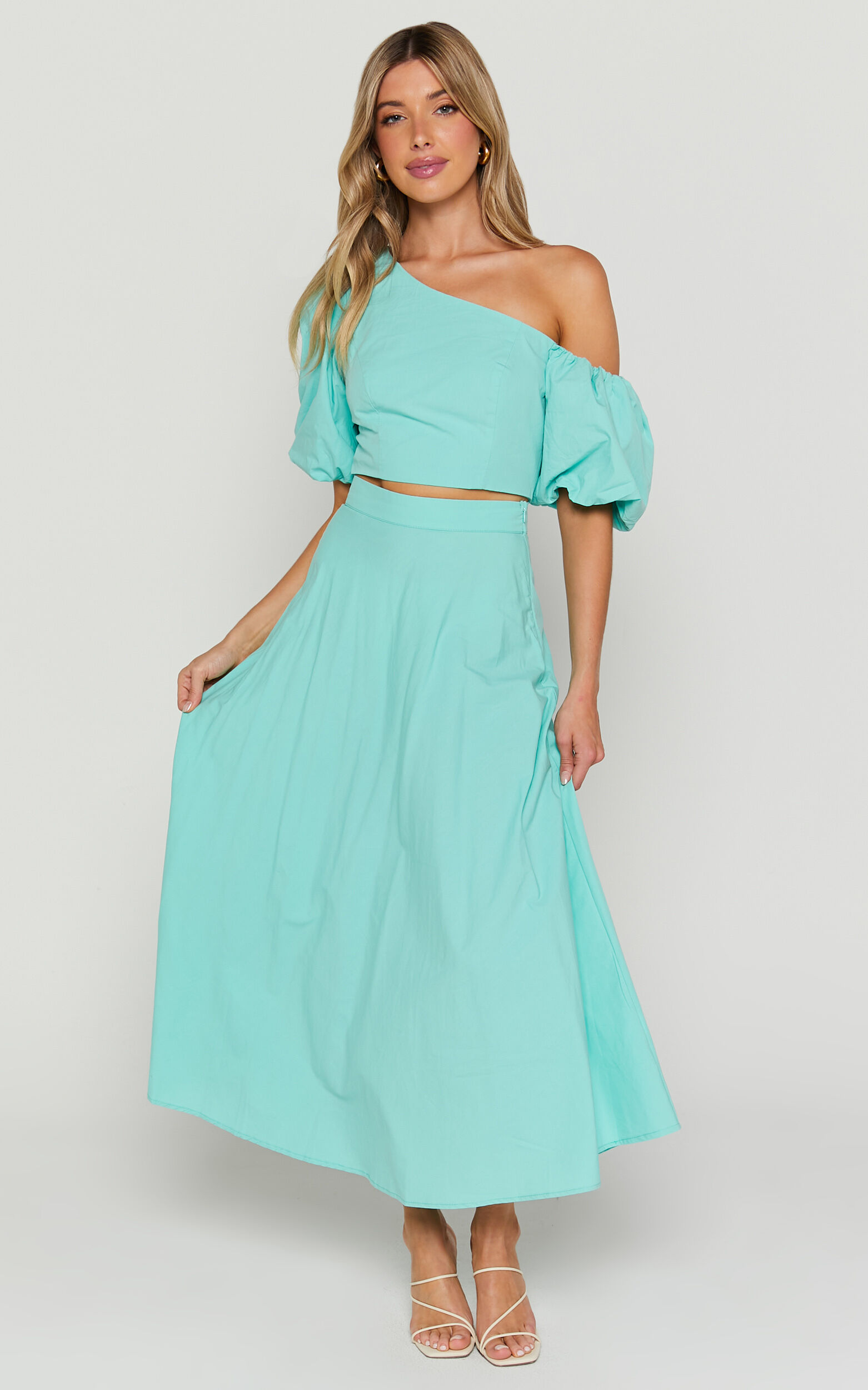 Austin Two Piece Set Asymmetrical Top and Midi Skirt Set in Auqa
