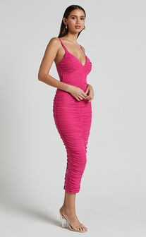 Suzie Midi Dress - Sweetheart Neck Bustier Ruched Bodycon Dress in Magenta