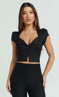 Ella Top - Square Neck Button Through Crop Top in Black