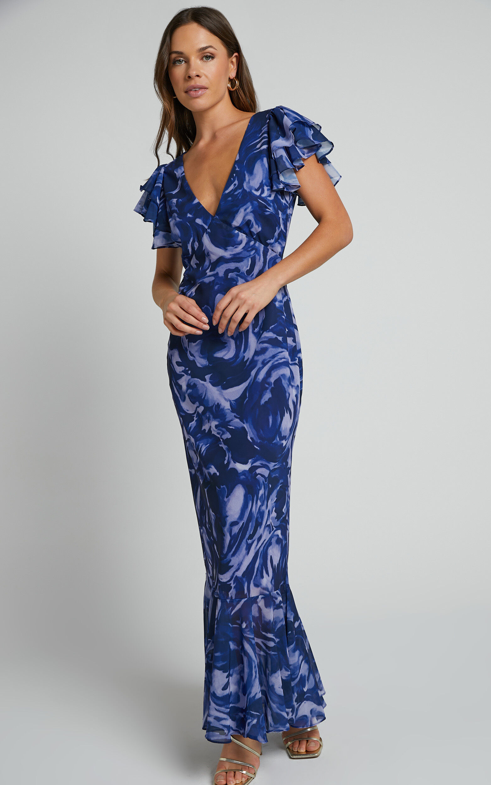 Dylana Midi Dress V Neck Flutter Sleeve Dress in Navy Swirl Showpo USA