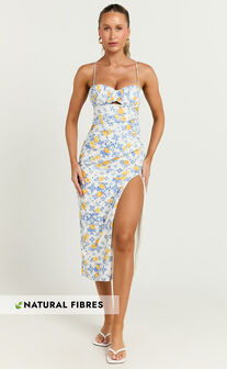 Frederica Midi Linen Blend Dress - Gathered Sweetheart Tie Back Front Split Dress in Limoncello Tile