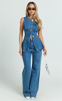 Rhianna Top - Detailed Button Down Longline Recycled Denim Vest Top in Dark Blue Wash
