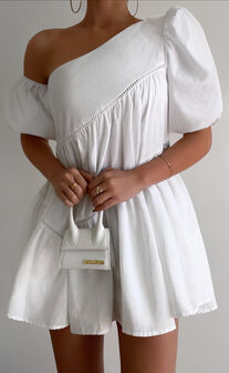 Elda Mini Dress - Linen Look High Neck Shift Dress in Off White