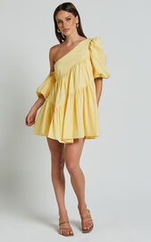 Harleen Mini Dress - Linen Look Asymmetrical Trim Puff Sleeve Dress in ...