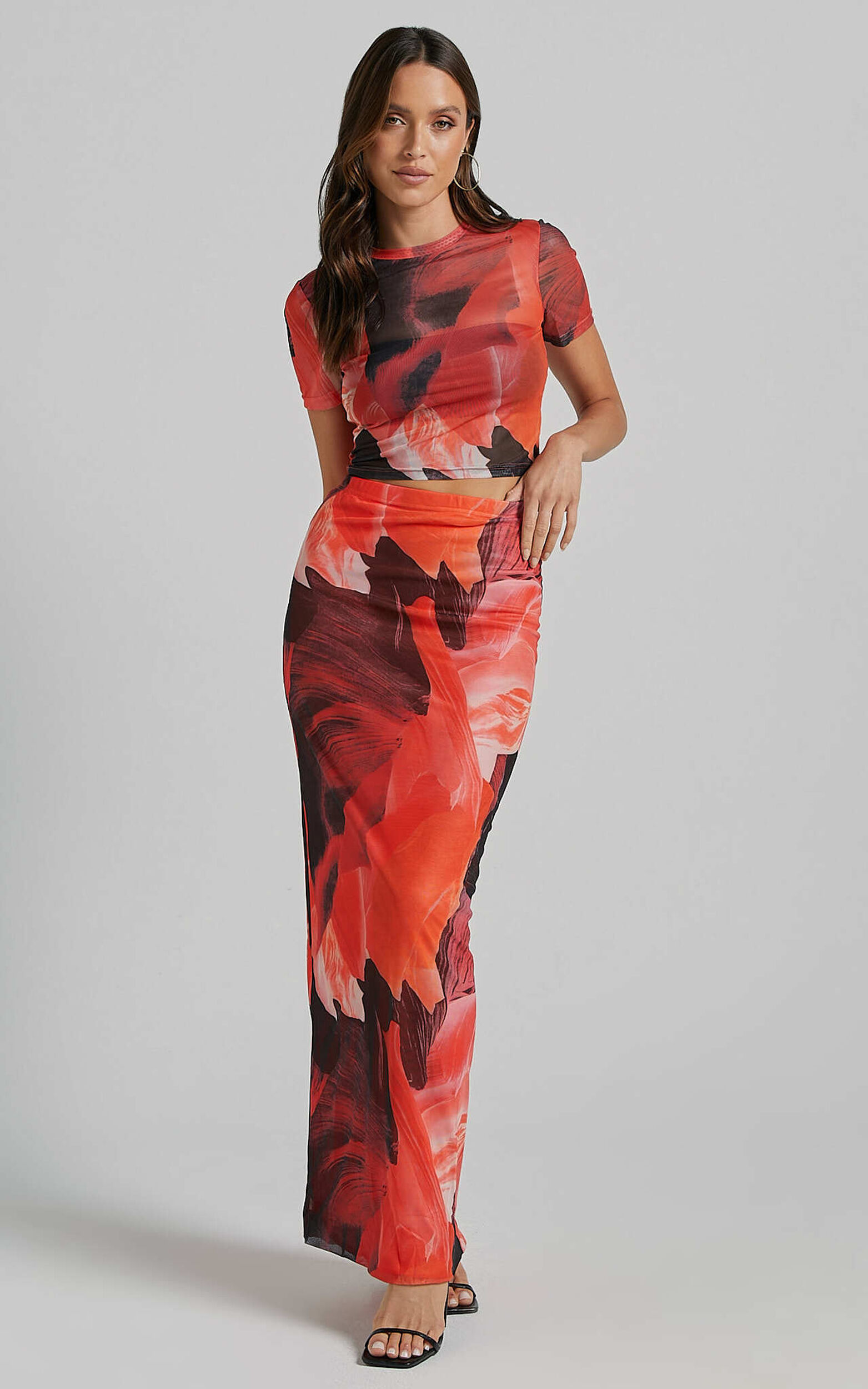 Janet Top and Skirt Two Piece Set - Short Sleeve Midi Skirt in Black and Peach Floral - 06, BLK1