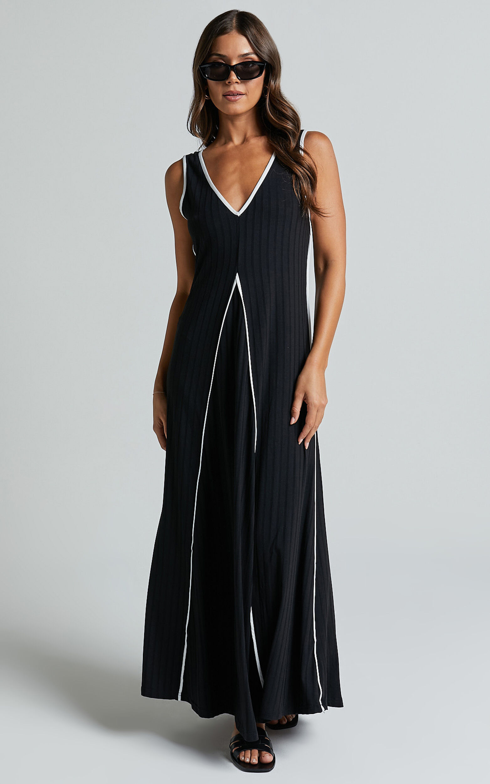 Cathleen Midi Dress - Ribbed Sleeveless Low Back Dress in Black - 06, BLK1