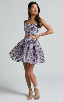 Camilia Two Piece Set - Sweetheart Top and Full Mini Skirt in Purple